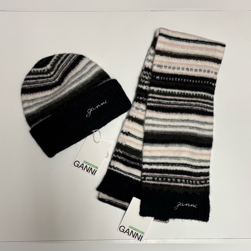 Ganni Black, White & Pale Pink Striped Knit Hat and Scarf Set